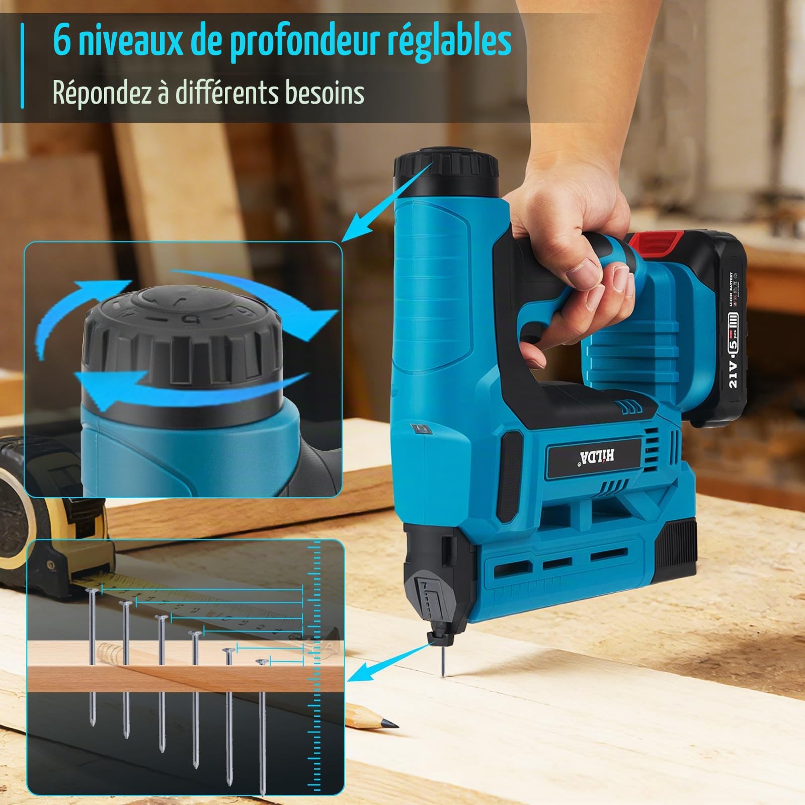 Cloueuse Sans Fil Électrique - Cloueuse et Agrafeuse 2-en-1 avec 2 Batteries 2.0Ah - 2000 Clous et Agrafes Inclus - Réglage Profondeur pour Travail du Bois Bricolage