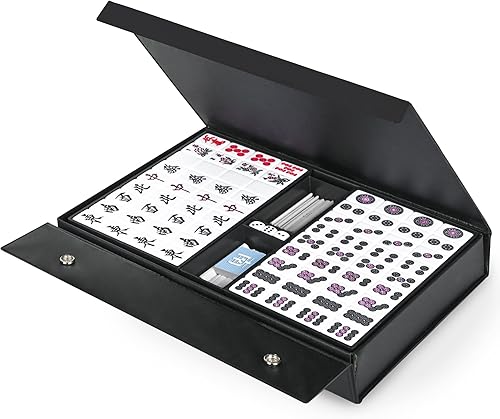 Miniatura 6 de QYMZKA Juego de Riichi Mahjong japonés, azulejos blancos y amarillos de gran tamaño, con azulejos de viento oriental, juego de palos de puntuación y