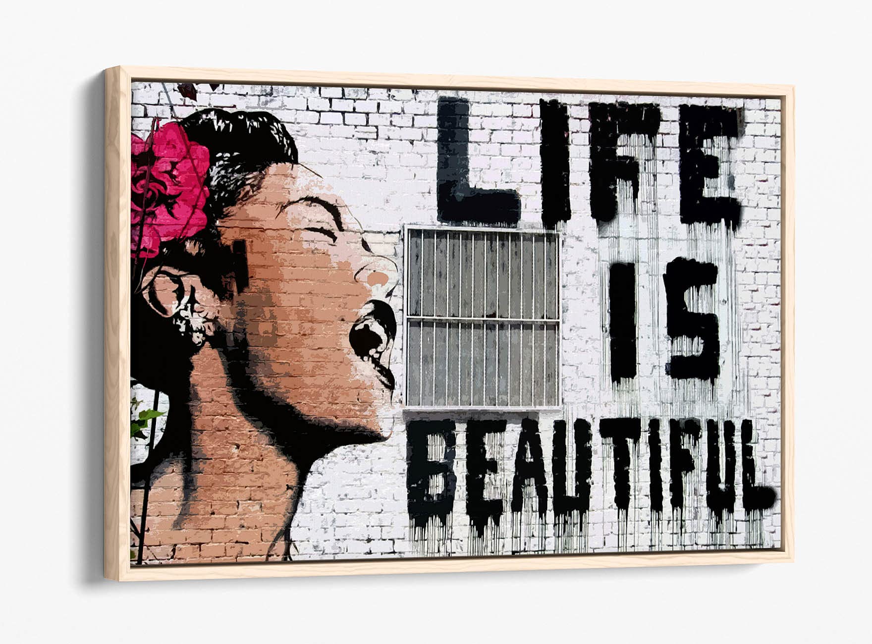 Canvasartshop Oak - Banksy Life Is Beautiful Graffiti- Float Effect Framed Canvas Wall Art Picture Print (, 12X8)