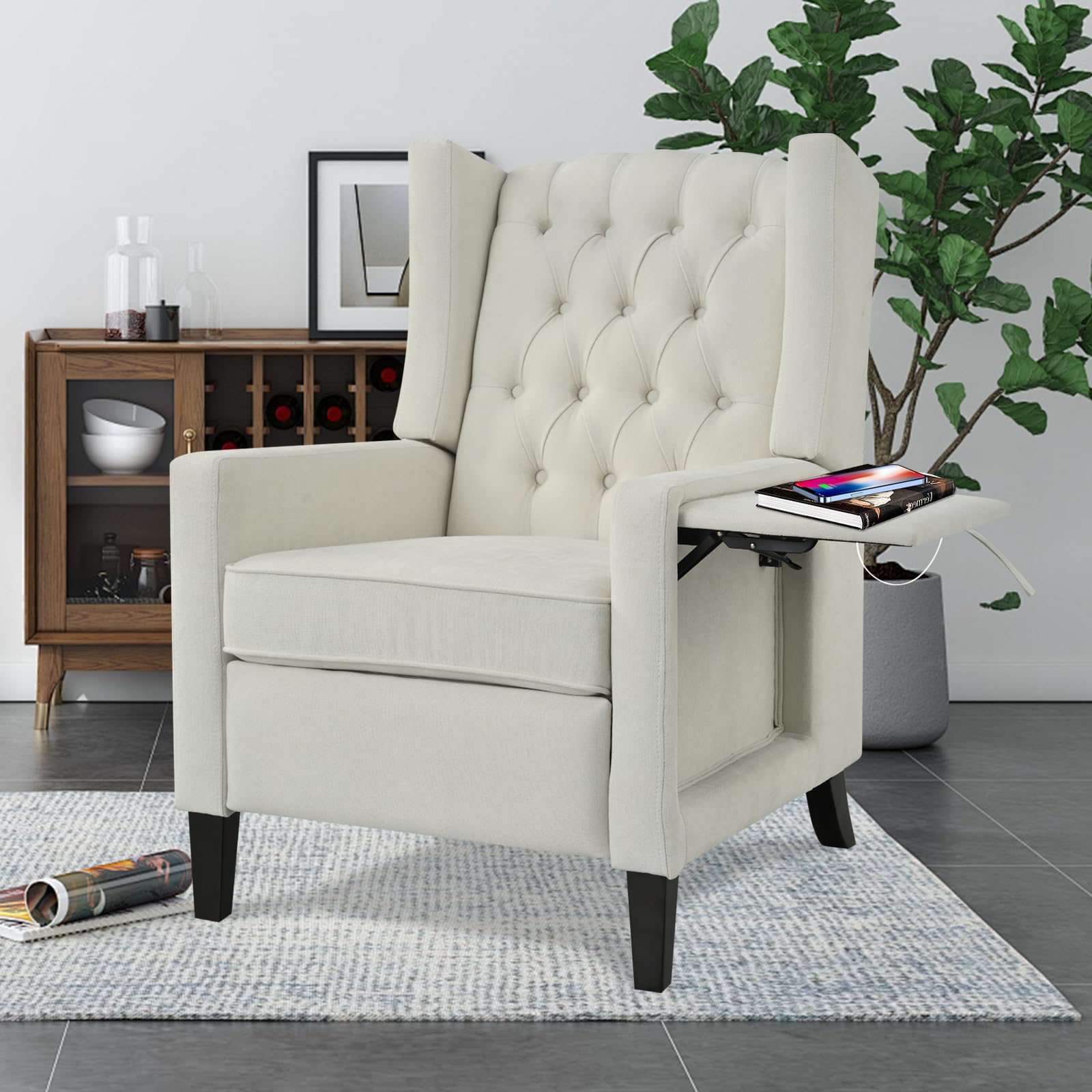 Vaztrlus Beight Manual Recliner Chair with Foldable Side Table USB Charger Wingback Tufted, Wall Hugger Recliners for Small Spaces, Living Room,