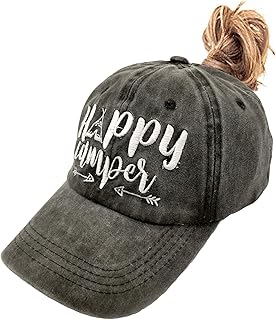 Women's Happy Camper Ponytail Hat Messy High Bun Distressed Baseball Cap