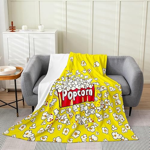 Manta de franela amarilla de palomitas de maíz para niños, póster de cine, manta mullida para cama, sofá, sofá, decoración del hogar, manta de cama