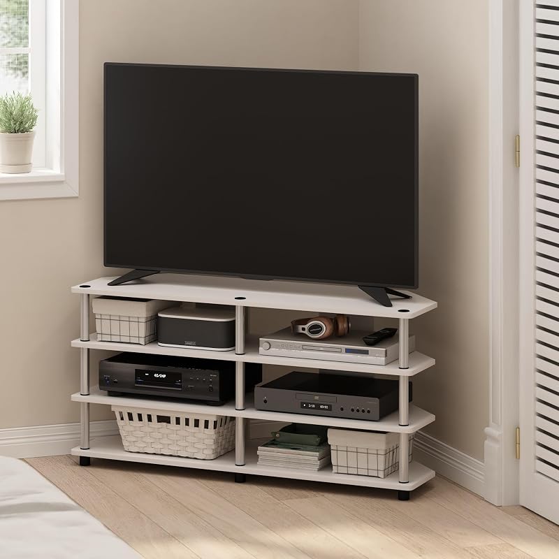 Furinno Econ 4-Tier Corner TV Stand, for TV up to 55 Inch, White Wood