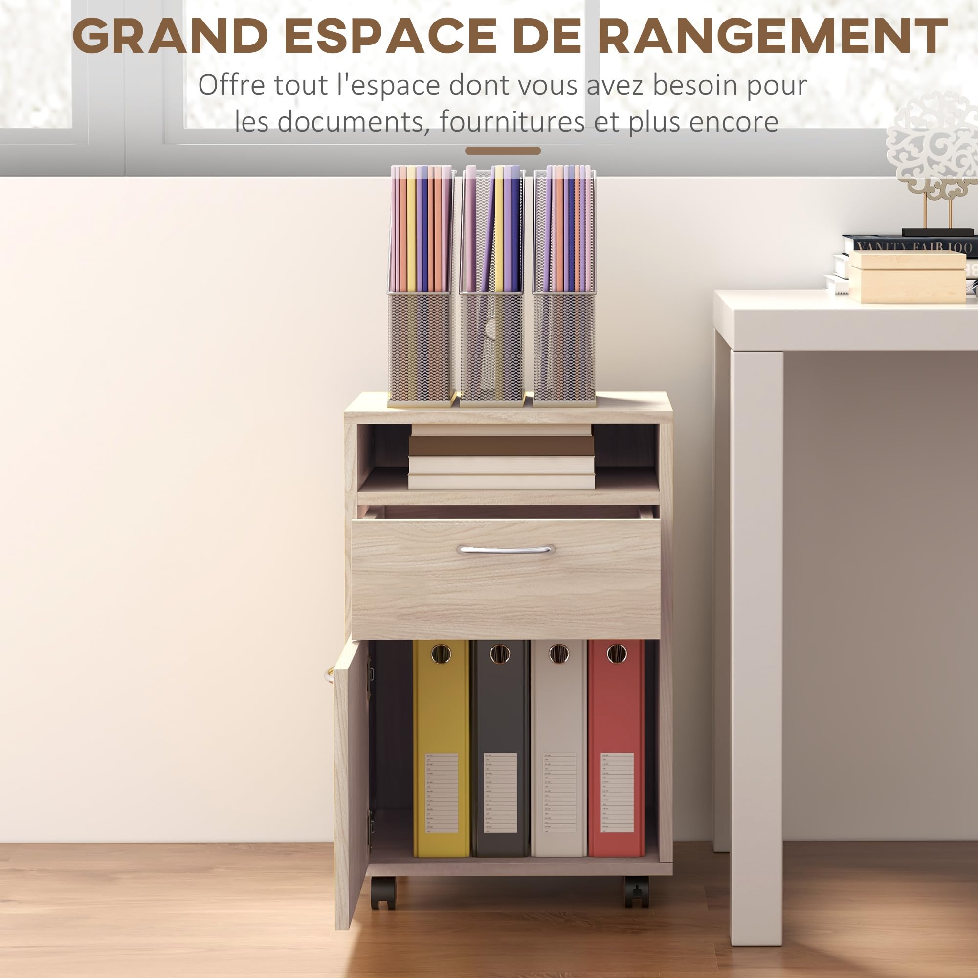 HOMCOM Caisson de Bureau Rangement Bureau sur roulettes Chêne | Tiroir, Placard, Niche, Panneaux Particules