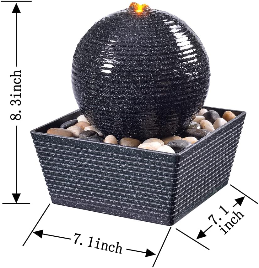 GOSSI 8.3IN Tall Decorative Tabletop Fountain Indoor Zen Fountain Ball Shape Ripple Water Fountain Quiet Meditation Fountain w/ Reflective Lighting/Cobblestone Office and Home Decor : Home & Kitchen