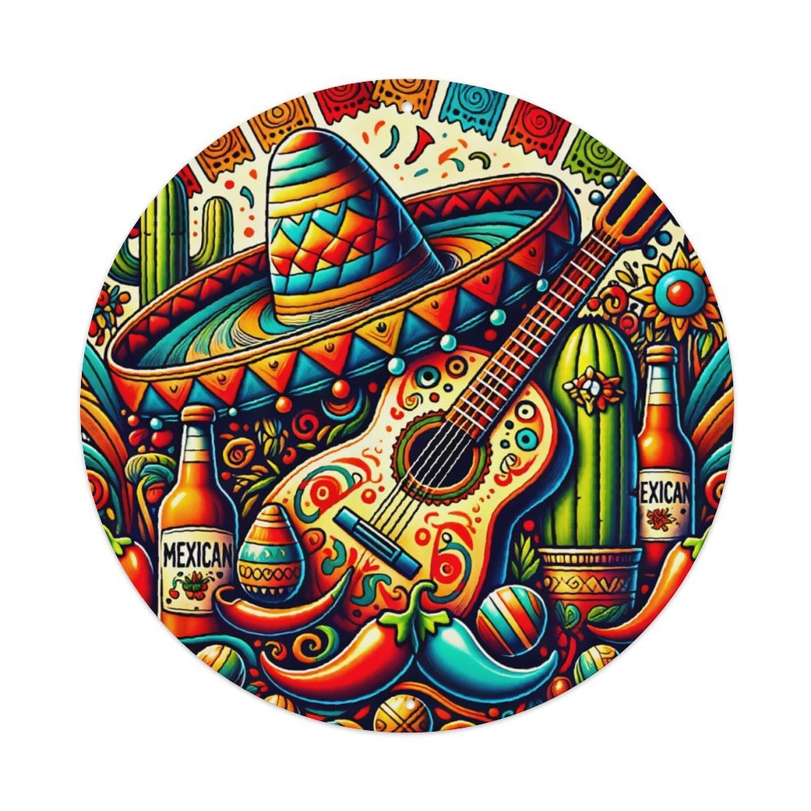 Ldfuieksufg Style Round Mexican Folk Decor Wall Plaque Vintage Aluminium Metal Sign, Retro Wall Decor For Home, Bar, Garage & Farmhouse 20X20cm