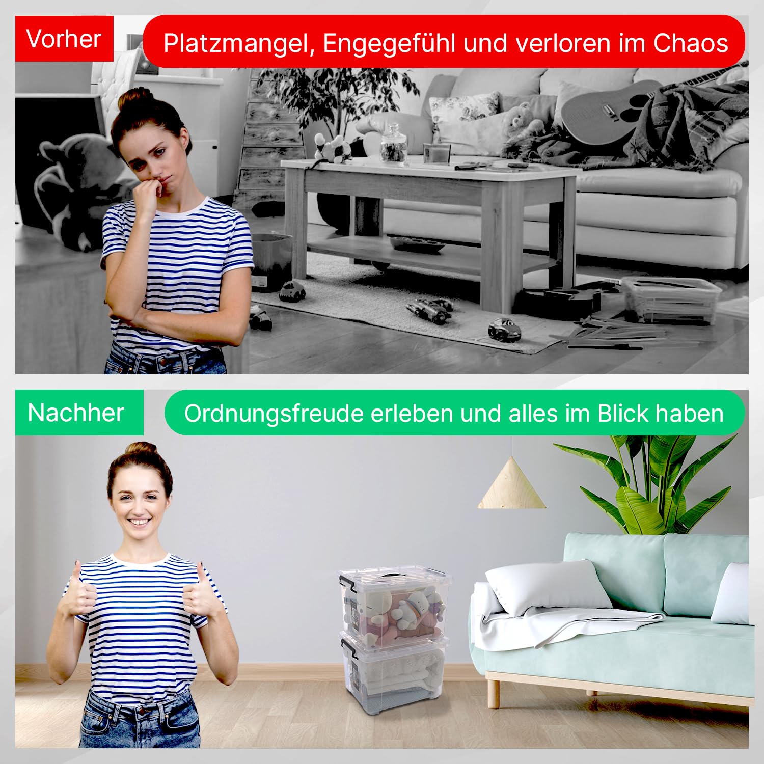 4er Set 45L robuste Aufbewahrungsboxen mit Deckel L53.5xB39xH32.5 cm inkl. Tragegriff, Plastikboxen, stapelbar, lebensmittelecht, transparente kleine Kisten für Wohnung, Werkstatt & Keller