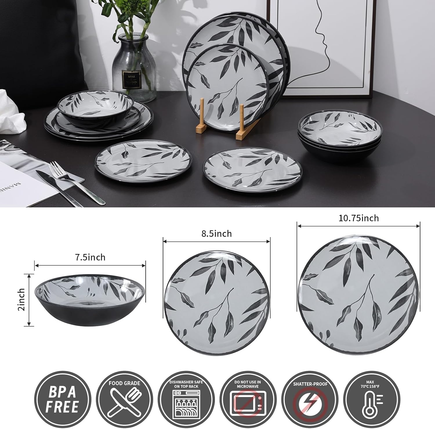12pcs Melamine Dinnerware Set - Service for 4 Melamine Plates and Bowls Set, Unbreakable Dinner Salad Dessert Plate, Cereal Bowl Set for Indoor/Outdoor, Gray Leaf