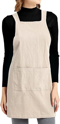 ELEZAY Delantales para mujer con bolsillos, talla grande, cómodo, espalda cruzada, sin lazo, delantal de lino y algodón