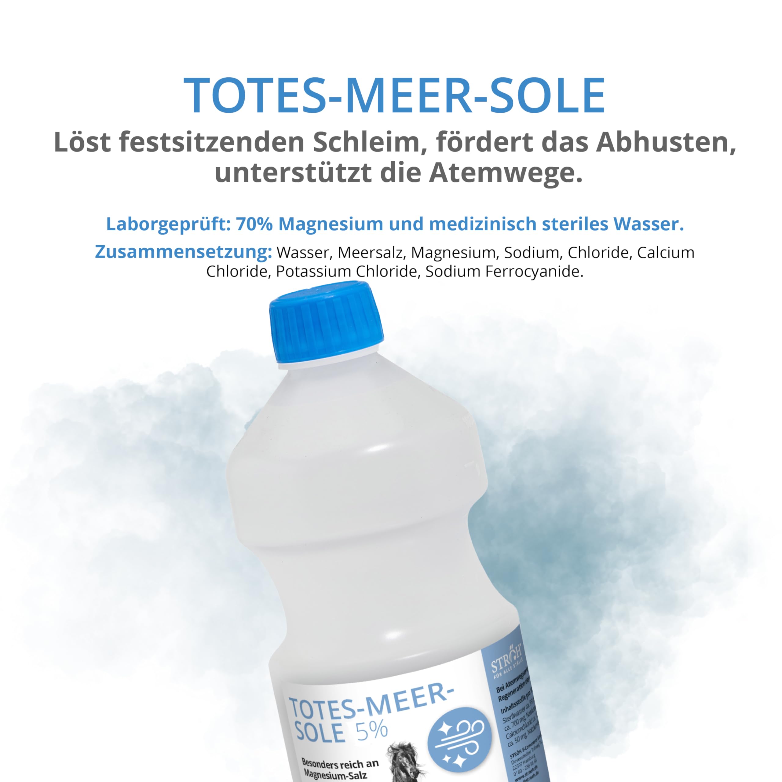 STRÖH "Totes Meer Sole 5%" (1l) Inhalation • Regeneration der Atemwege bei Pferden • Bei Atemwegserkrankungen, Allergie & Ekzeme