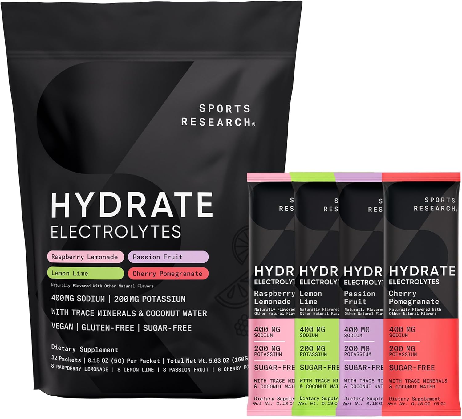 Sports Research® Hydrate Electrolytes Powder Packets - Sugar-Free & Naturally Flavored with Vitamins, Minerals, and Coconut Water - Supports Hydration - 32 Packets - Variety Pack