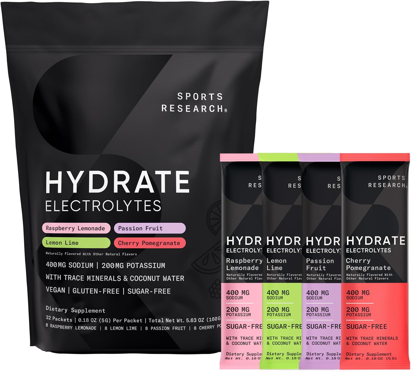 Hydrate Electrolytes Powder Packets - Sugar-Free & Naturally Flavored with Vitamins, Minerals, and Coconut Water - Supports Hydration - 32 Packets - Variety Pack