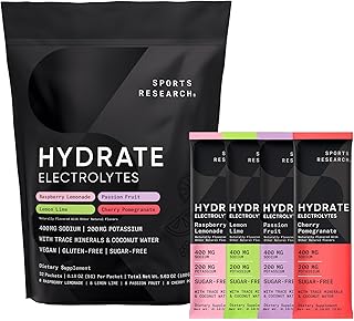 Sports Research® Pacotes de eletrólitos hidratados em pó – sem açúcar e sabor natural com vitaminas, minerais e água de coco – auxilia na hidratação – 32 pacotes – Pacote variado