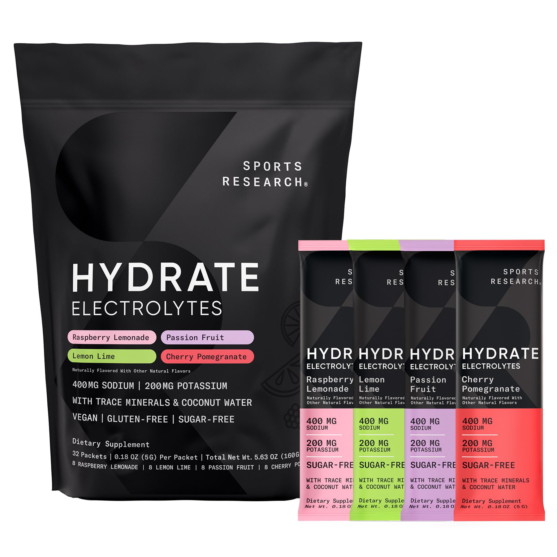 Hydrate Electrolytes Powder Packets - Sugar-Free & Naturally Flavored with Vitamins, Minerals, and Coconut Water - Supports Hydration - 32 Packets - Variety Pack