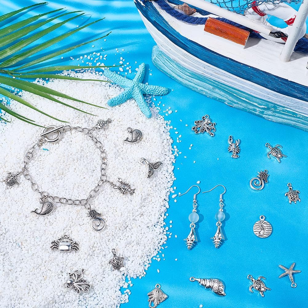 SUNNYCLUE 1 Box 60Pcs Metal Starfish Charms Silver Octopus Charm Bulk Tibetan Marine Life Sea Animal Fishtail Whale Crab Lobster Pendants for Jewelry Making DIY Crafts Earrings Necklaces Keychains - Image 4