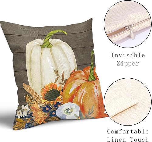 Miniatura 2 de Kawani Juego de 2 fundas de almohada decorativas de otoño con diseño de calabaza blanca y naranja de 18 x 18 pulgadas, diseño de hojas de girasol,