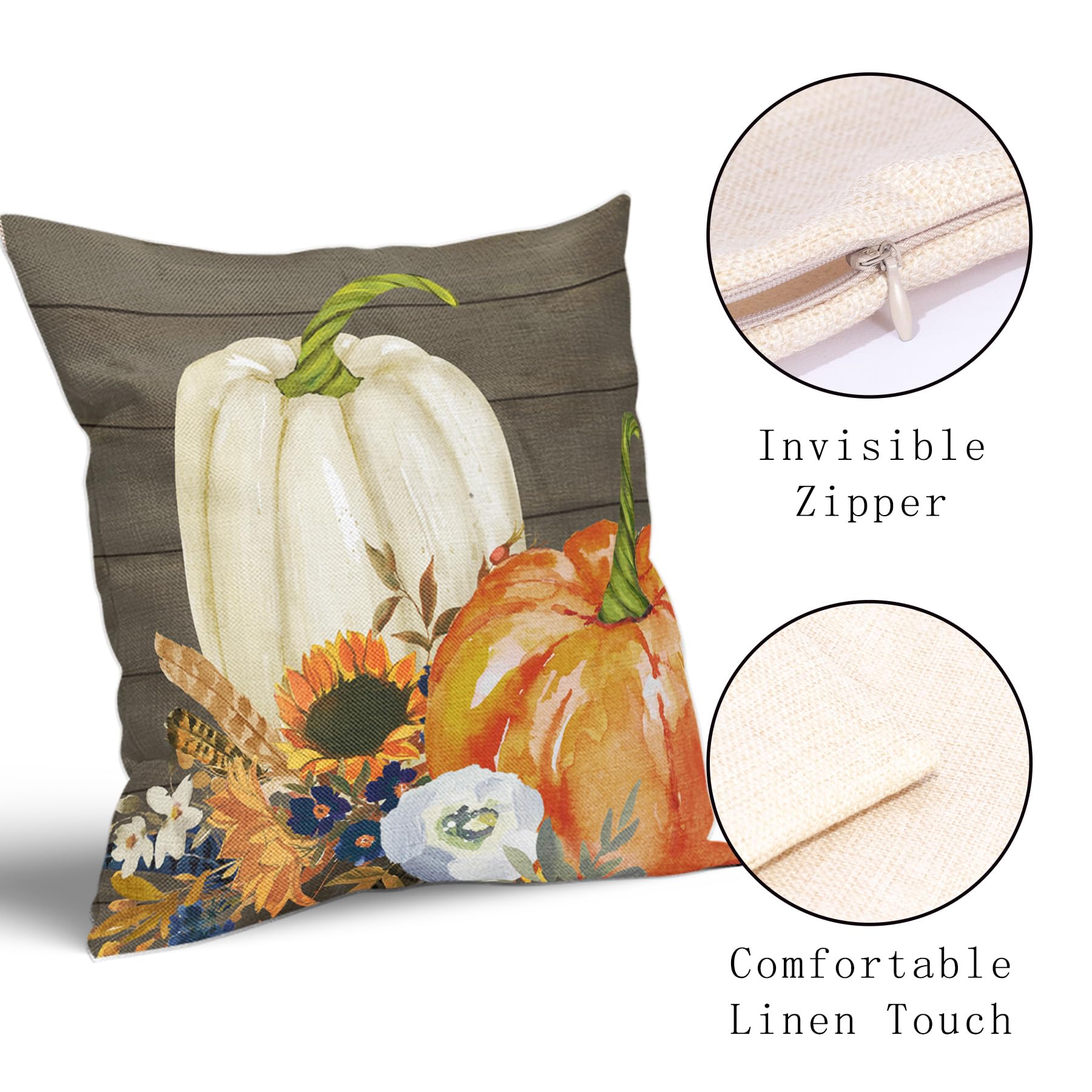 Kawani Juego de 2 fundas de almohada de otoño de calabaza blanca y naranja de 16 x 16 pulgadas, diseño de hojas de girasol, decoración del hogar para habitación, porche, patio, sofá al aire libre