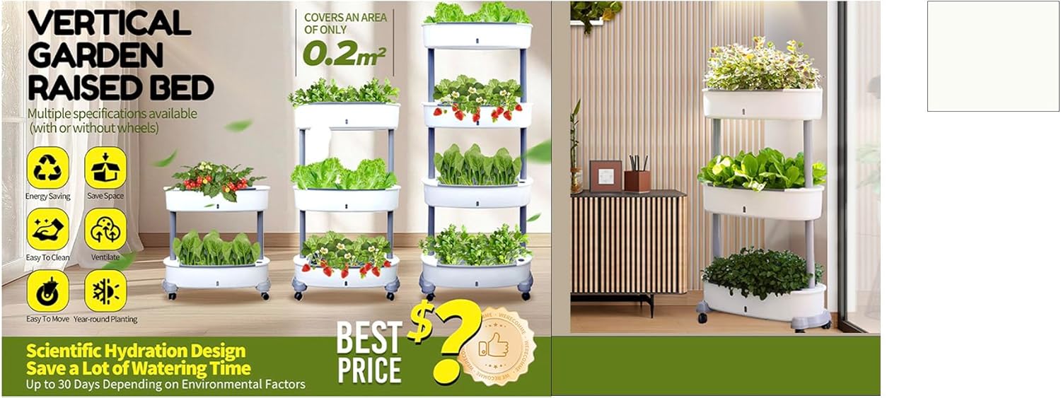 Vertical Garden Planter, Indoor Mobile Plant Stand with Wheels, Stackable Growing System, White (Extra Large)