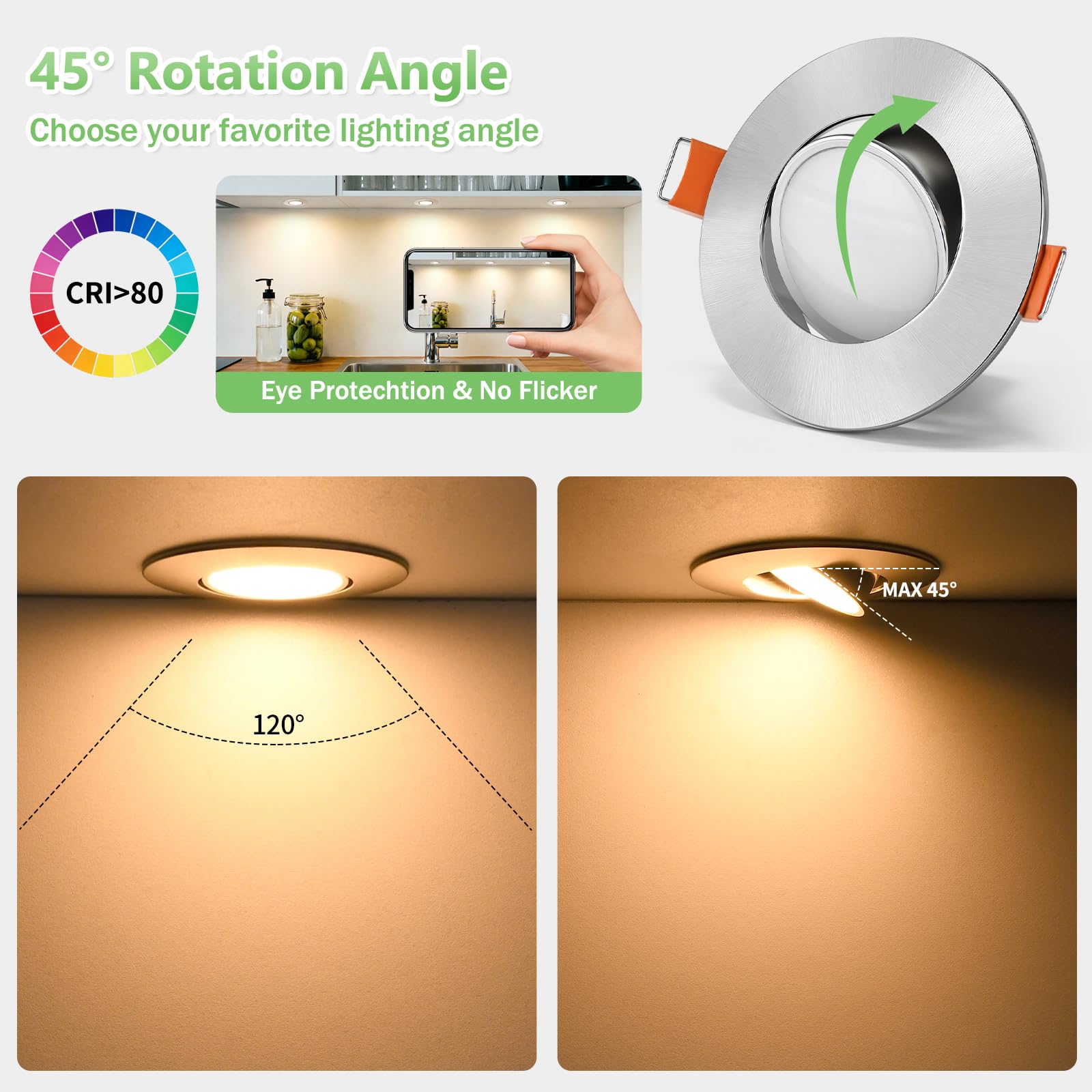YindaLux Foco LED empotrable 230V Regulable IP44 5W Ultrafino, Corte 68-80 mm, 3000K/4000K/6000K, Orientable 45°, Focos de techo para Baño Cocina Níquel, Pack de 12