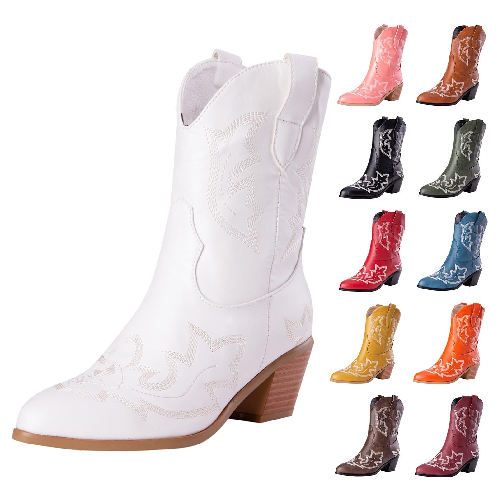 Stivali da donna a metà polpaccio da cowboy western, classici vintage, ricamati, tacco a blocco, in pelle PU, stivali da donna in stile country equitazione western scarpe da sposa, bianco, 42.5 EU