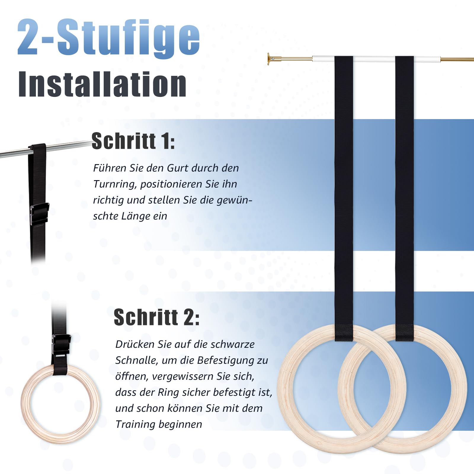 Anelli Ginnastica e Palestra in Legno, Fitness Anelli Palestra con Regolabili Lunghi Fibbie Cinghie, Anelli Calisthenics per Suspension Training, Training Muscolare, Crossfit, Fitness, Aerobica