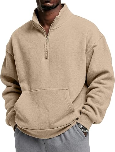 LMRXOFE 1/4 Zip Pullover Mens Stand Collar Sports Fleece Sweatshirts Khaki