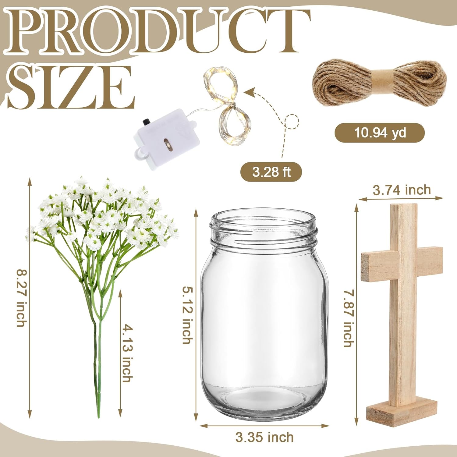 37 Pcs/4 Sets Baptism Centerpieces for Table Cross Mason Jar Centerpieces with Wooden Cross Crafts Light Strings for Baptism First Communion Church Wedding Favors