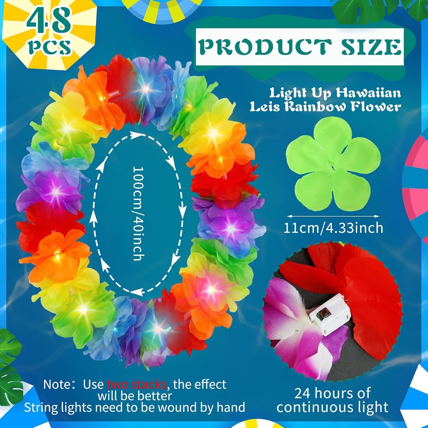 Sherr 48 Pack LED Hawaiian Leis, Light Up Flower Necklaces, Colourful image 2