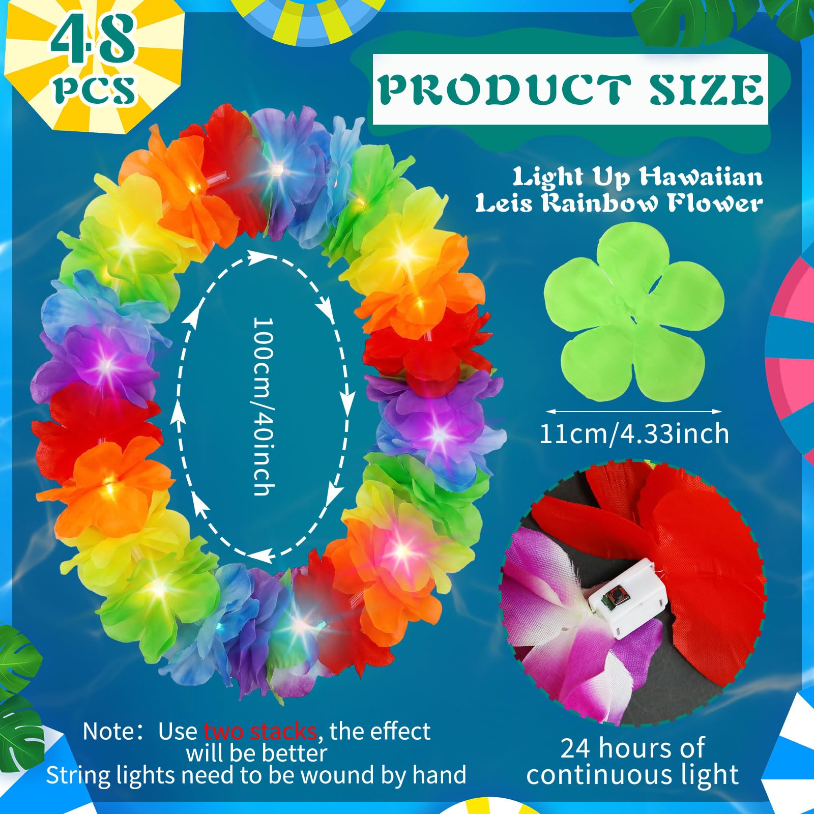 Sherr LED Hawaiian Leis Light Up Flower Leis Necklace Flower with LED Lights Luau Leis Flowers Necklaces for Masquerade Beach Wedding Tropical Themed Party