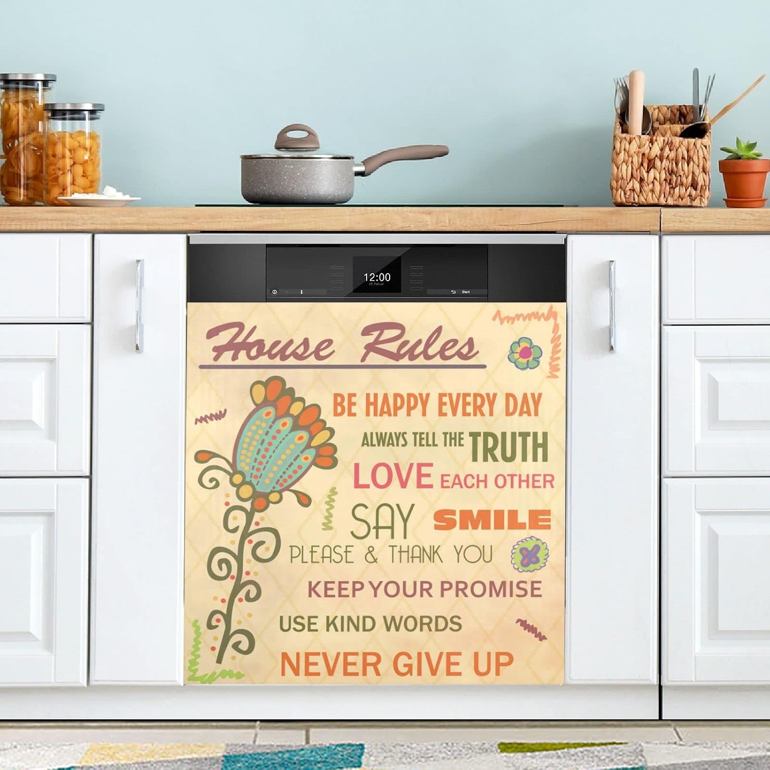 Naanle Dishwasher Magnet Cover House Rules Flowers Front Dishwasher Cover Magnetic Home Cabinet Decals Appliances Stickers Refrigerator Decorative 23" x 26"