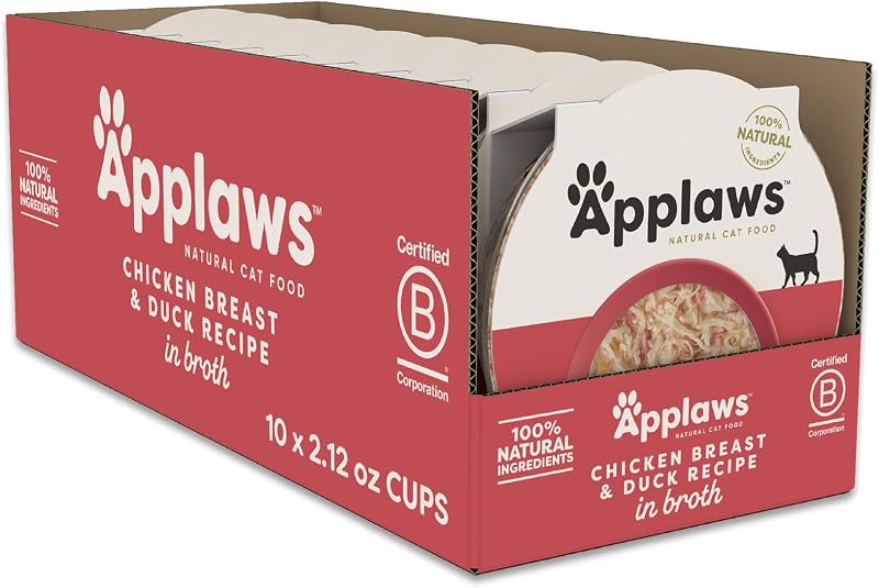 Ração úmida para gatos Applaws com frango e pato em caldo, copos abre-fácil, pacote com 10 de aproximadamente 60 g
