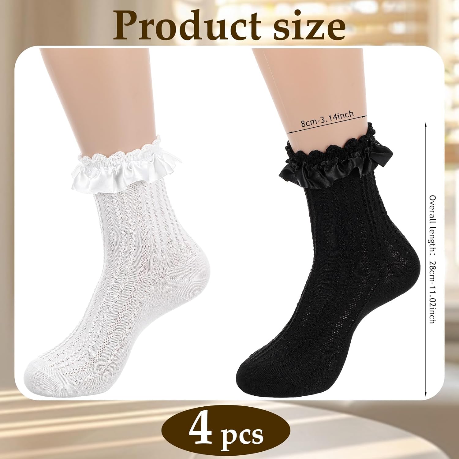 2 Pairs Womens Lace Ruffle Frilly Crew Socks Satin Ruffle Ankle Sock for Women Girls Casual Soft Comfortable Frilly Sock Lolita Princess Accessory (Black + White) - Image 4