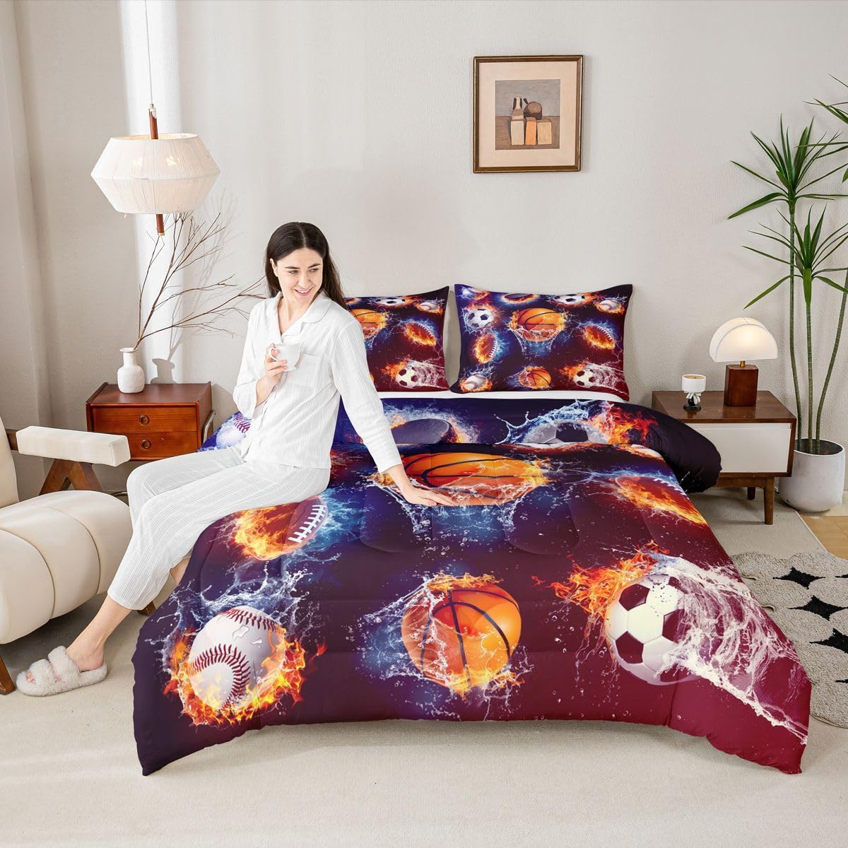 Feelyou Basketball Bedding Set Football Baseball Rugby Comforter Set for Kids Boys Girls Sports Comforter Various Ball White and Flame Decor Quilt Set with 1 Pillowcase 2Pcs Bedding Twin