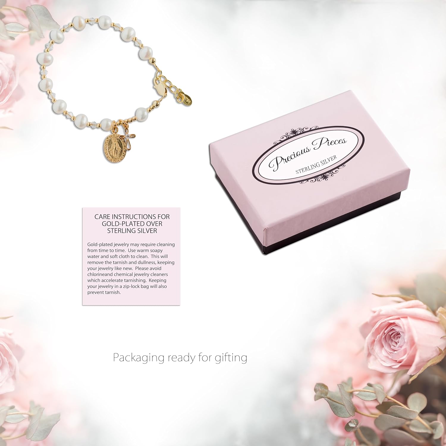 Precious Pieces Girl's Gold or 925 Sterling Silver First Communion Rosary Bracelet with Cultured Pearl and Miraculous Medal (6-6.5")