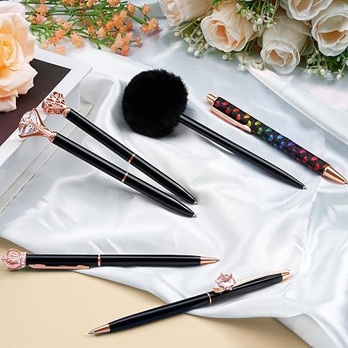 Miniatura 6 de WEMATE - Juego de 8 bolígrafos de metal con cristales y diamantes, con purpurina para diario, brillo negro en tinta negra y azul, elegantes, para