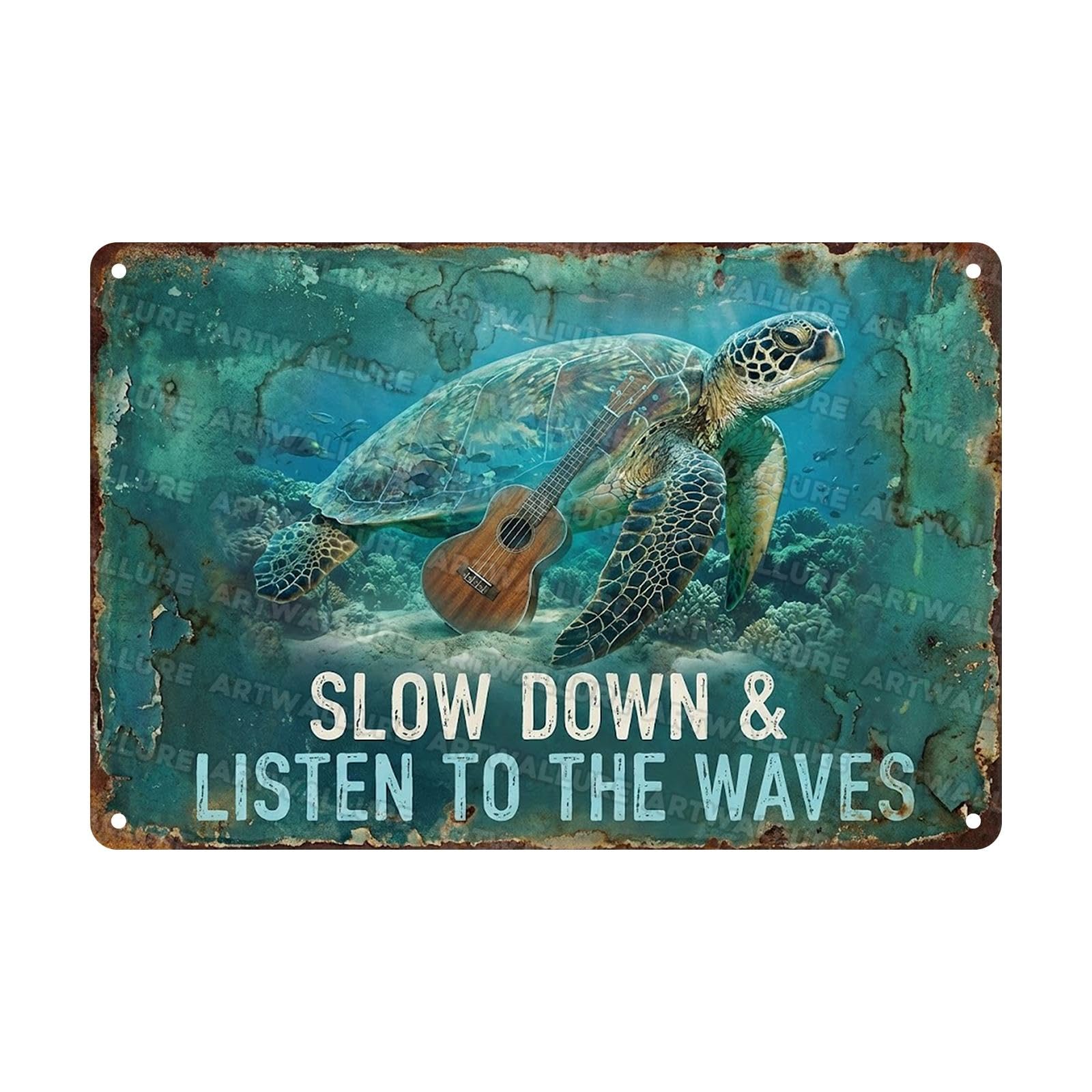 Metal Sign Blue Ocean Sea Turtle Vintage Tin Poster Slow Down And Listen To The Waves Decor for Bathroom Bedroom Living Room Home Office Decoration 8x12Inch
