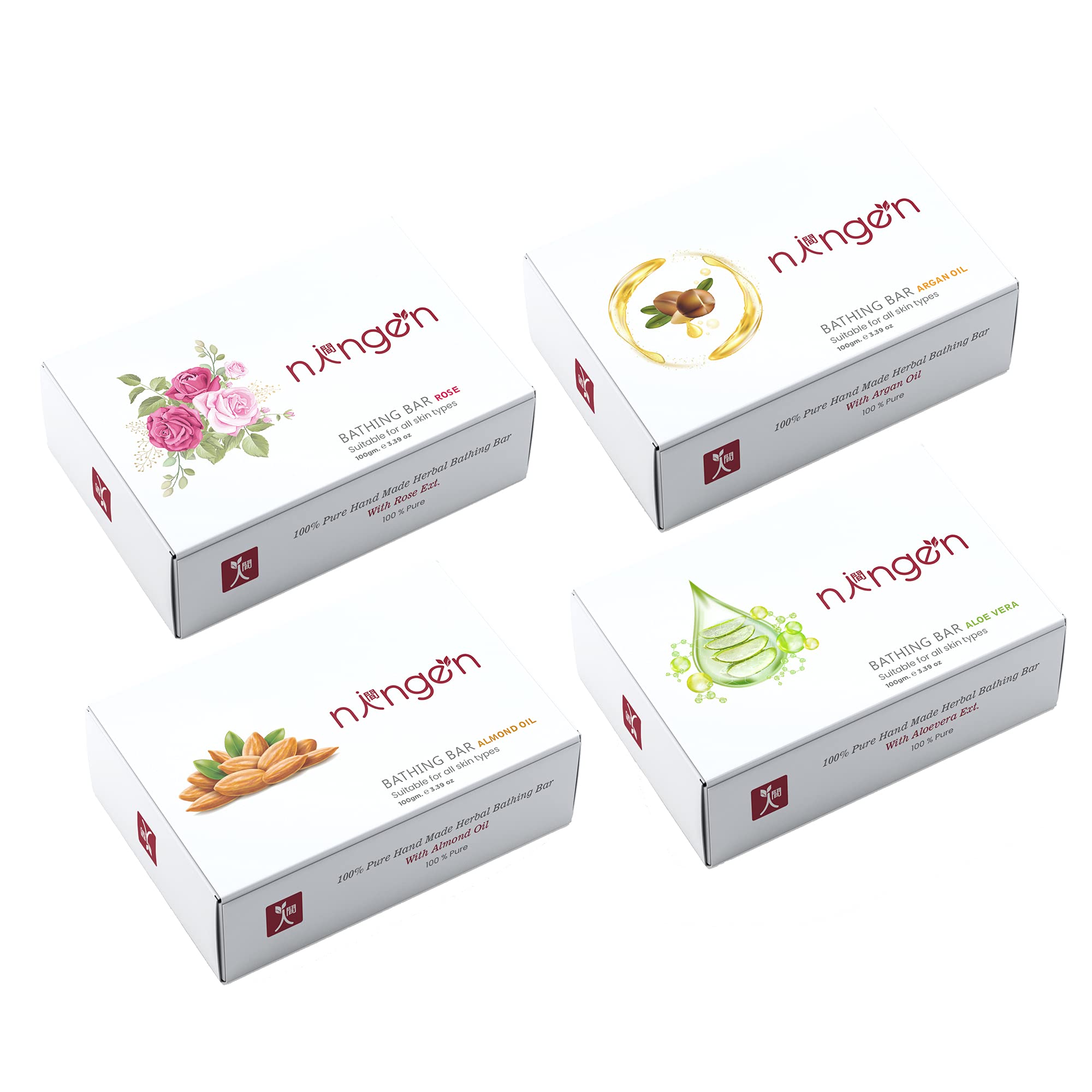 Ningen Plant based Bathing Soaps (BUY3 GET1 Free) I Pack of Argan Oil, Rose Oil, Almond Oil, Aloevera Bath Soaps