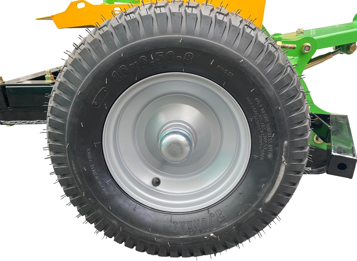 Close-up of a wheel on the Victory MATV-60 flail mower