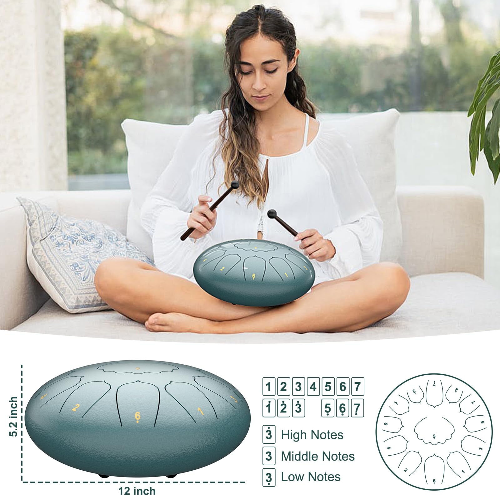 D Major Steel Tongue Drum Handpan, 12 Inch 13 Note Rain Drum for Outside Garden, Meditation Rain Chime, Musical Percussion Instrument for Adult Gift with Bag, Music Book, Drum Mallets (Moss Blue) 3