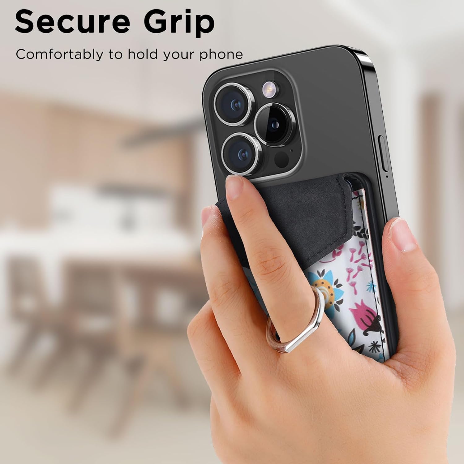 for MagSafe Wallet, Printed Leather Magnetic Phone Wallet with Ring Holder, Compatible with iPhone 15/14/13/12 Series, 3 Card Holder (Black) image 4