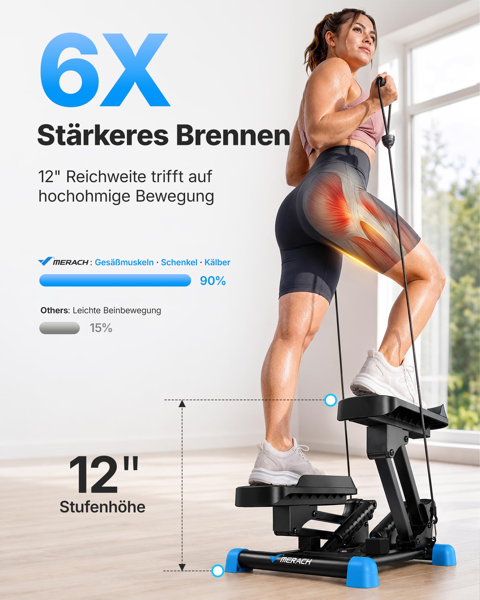 MERACH 3-in-1 Mini-Stepper für Zuhause Mit großer Schritt & Dämpfung | 6X Stärkeres Brennen Mit 12" Stufenhöhe & Power Ropes für Ganzkörper-Training, leiser Stair Stepper Mit LCD Display,MAX 150KG