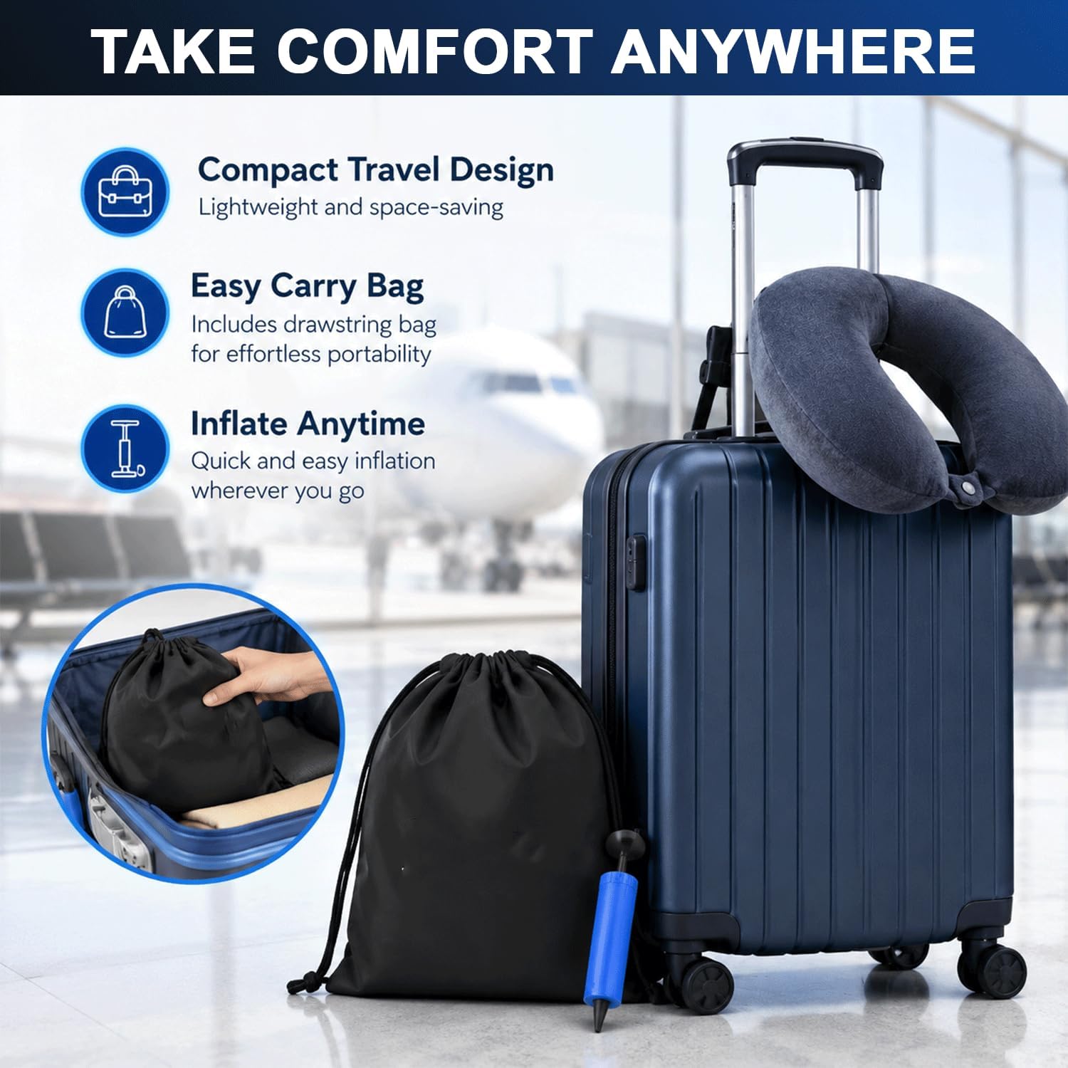 Inflatable Seat Cushion with Manual Air Pump & Carry Bag, Travel Cushion Airplane Seat, Lightweight Airline Seat Cushion for Long Flights, Portable Air Cell Cushion for Office Chair, Car & Travel