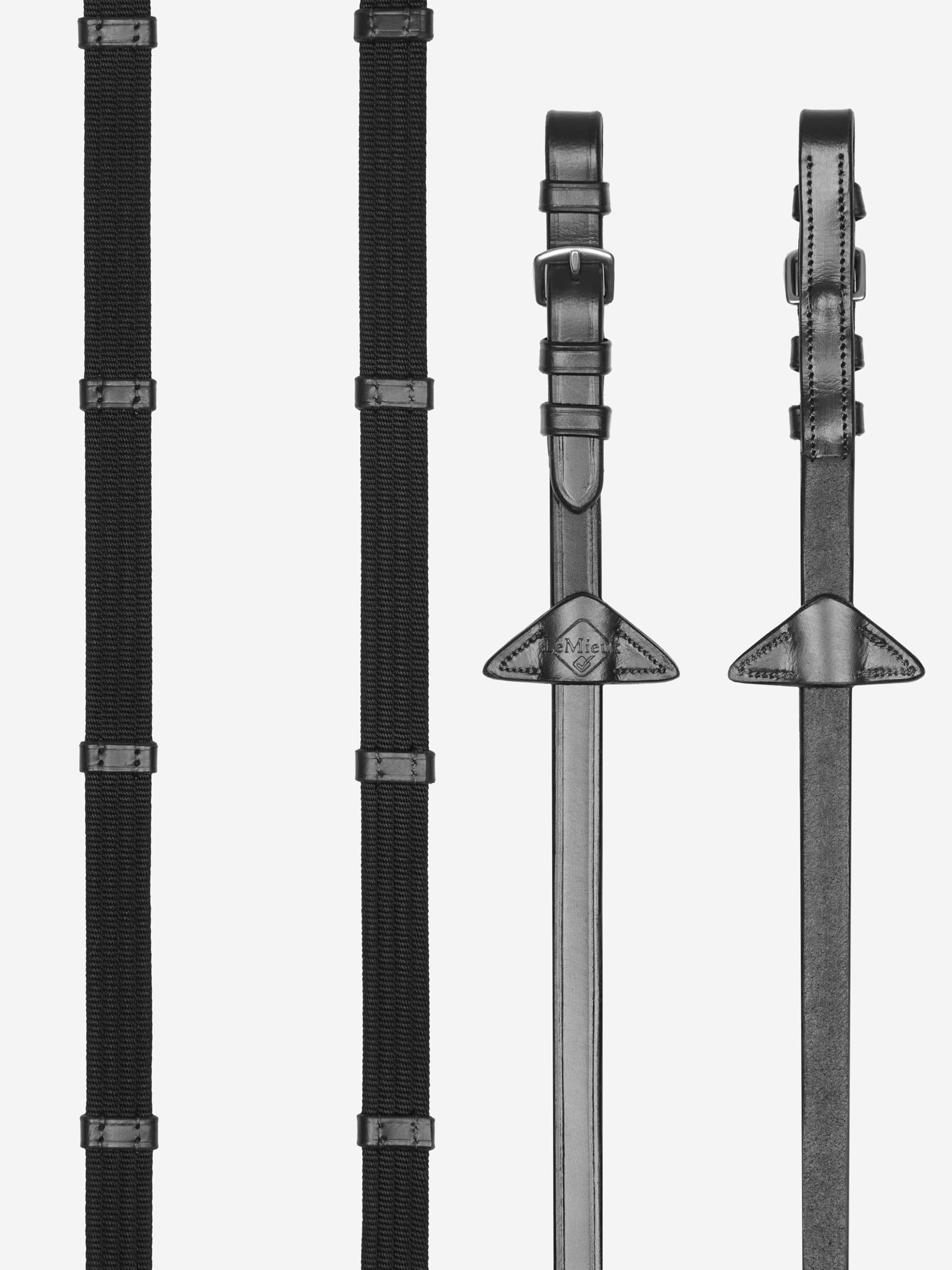 LeMieux Webbed Continental Reins - Leather Anti-Slip Hand Stops - Black/Silver - Full