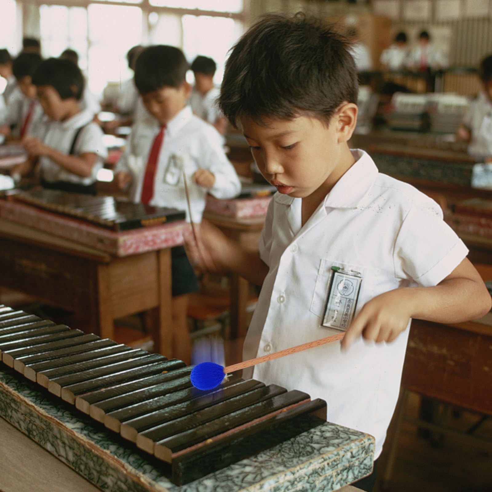 4 Marimba-Schlägel: Garn-Xylophon-Schlägel – Blauer Kopf, Holzgriff, Schlagstockhammer für Marimba, Xylophon und Glockenspiel