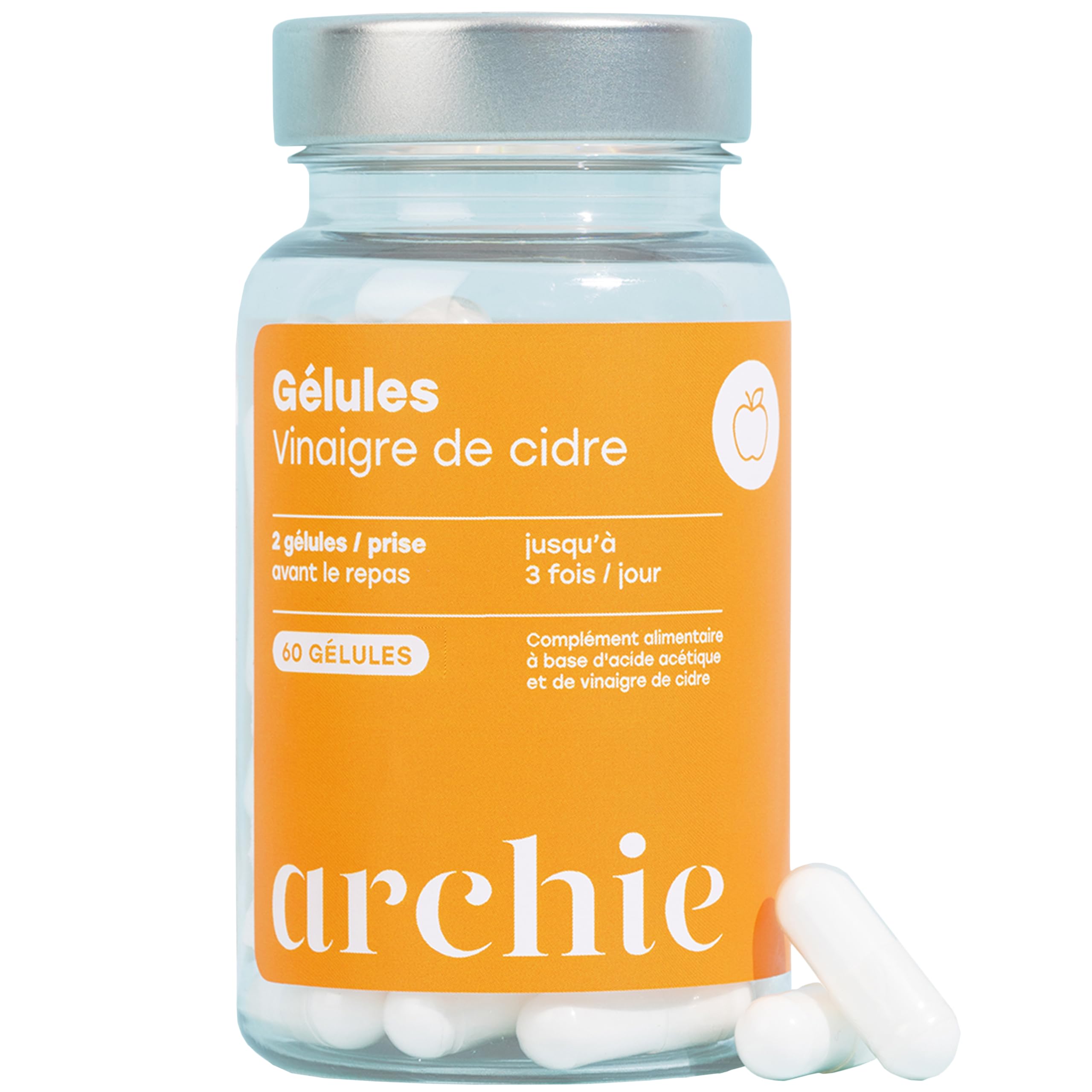 Archie, Gélules Vinaigre de Cidre Biologique, avec Acide Acétique - Naturel, vegan, sans gluten, sans sucre. Cure de 1 mois. 60 capsules. Made in France.