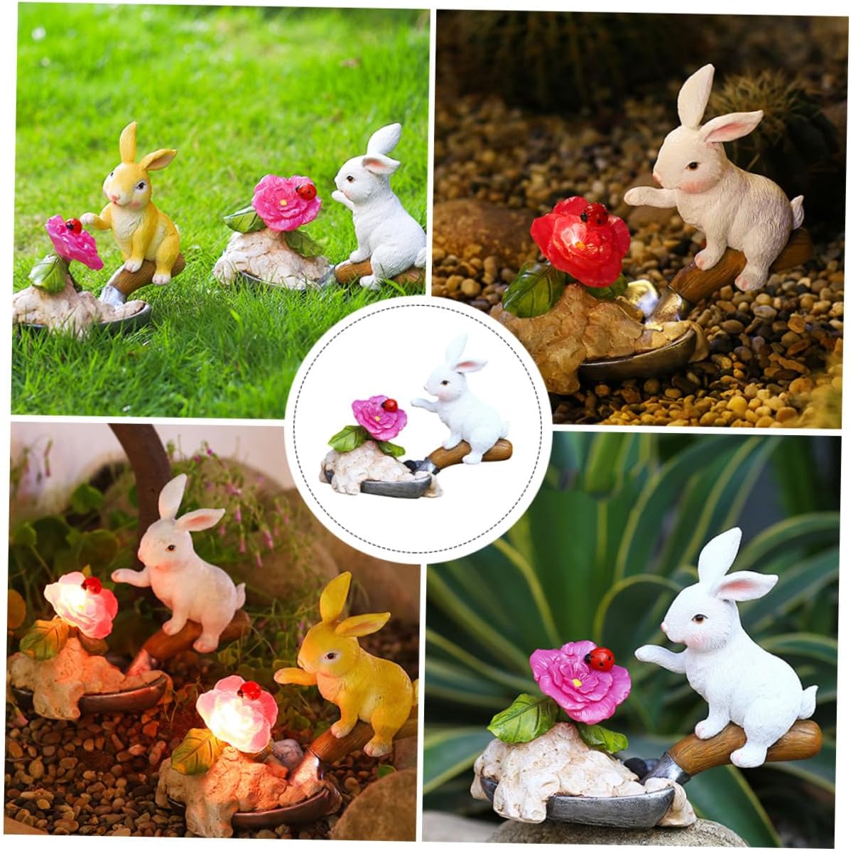 Outdoor Solar Rabbit Lamp Garden Decoration White Resin Bunny Figurine Patio Courtyard Solar-Powered Night Light for Lawn and Balcony