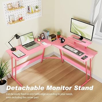 L Shaped Desk 50 Inch Gaming Desk with Monitor Shelf Corner Desk L Shaped Computer Desk for Home Office Writing Workstation, Carbon Fiber Surface, Pink