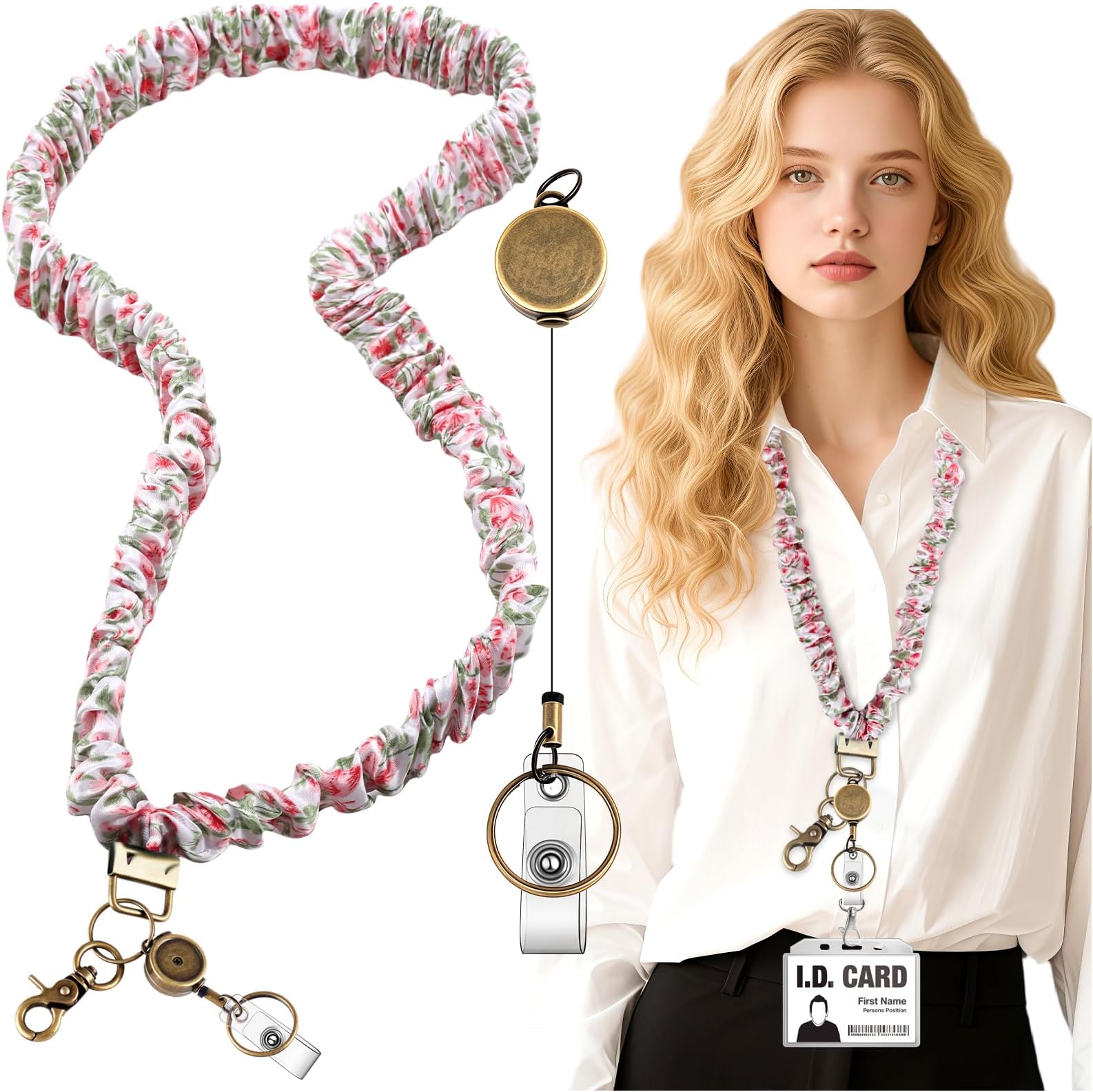 Scrunchie Lanyard Teacher for Id Badges Keys with Retractable Badge Reel Cute Teacher Lanyard for Women Black Nurse Stretchy Lanyards Key Lanyards with Clip Teachers Nurse Gifts Teacher Essentials-G