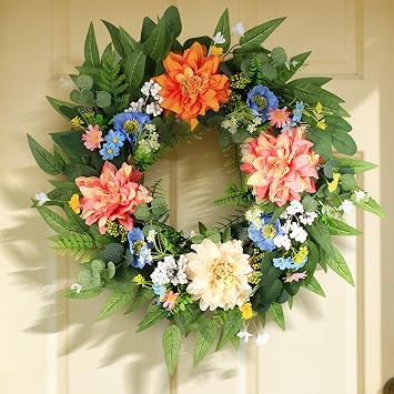 24inch Dahlia Spring Wreaths for Front Door - Summer Door Wreaths for Home Porch Decor