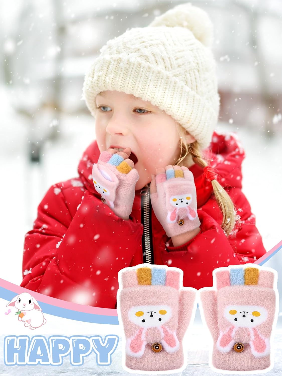 SATINIOR 2 Pairs Winter Fingerless Gloves for Kids Toddler Finger Mittens Knit Convertible Half Finger Mitten Flap Aged 3-8 - Image 5